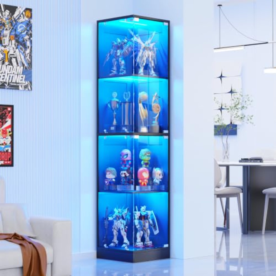 Collectible Collection - ตู้โชว์มุมพร้อมประตูกระจก ทำจากไม้ MDF สีขาว พร้อมไฟ LED