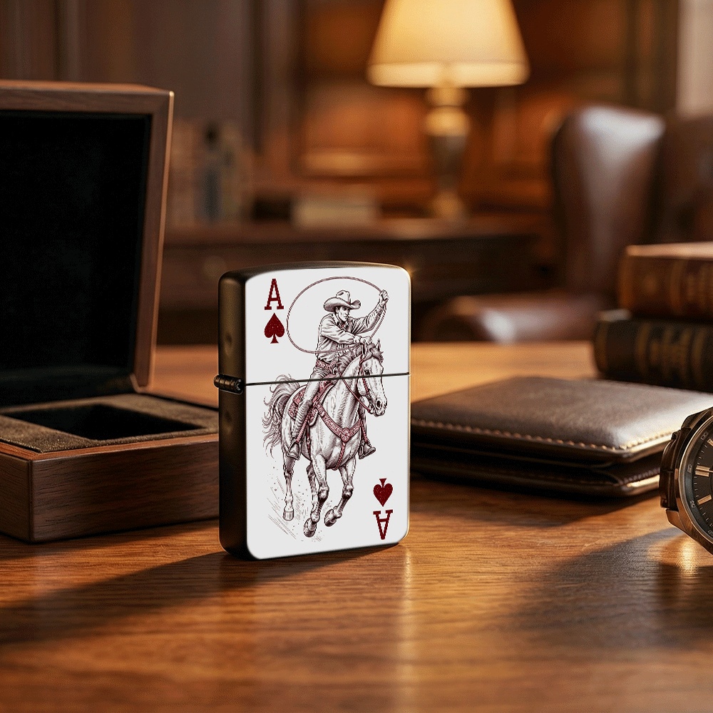 Vintage Collectible Playing Cards - ไฟแช็กฝาพับลายคาวบอยโรดีโอ ไพ่เอซออฟสเปดส์ ลวดลายศิลปะตะวันตก ไฟแช็กวินเทจสำหรับนักสูบ ของสะสม