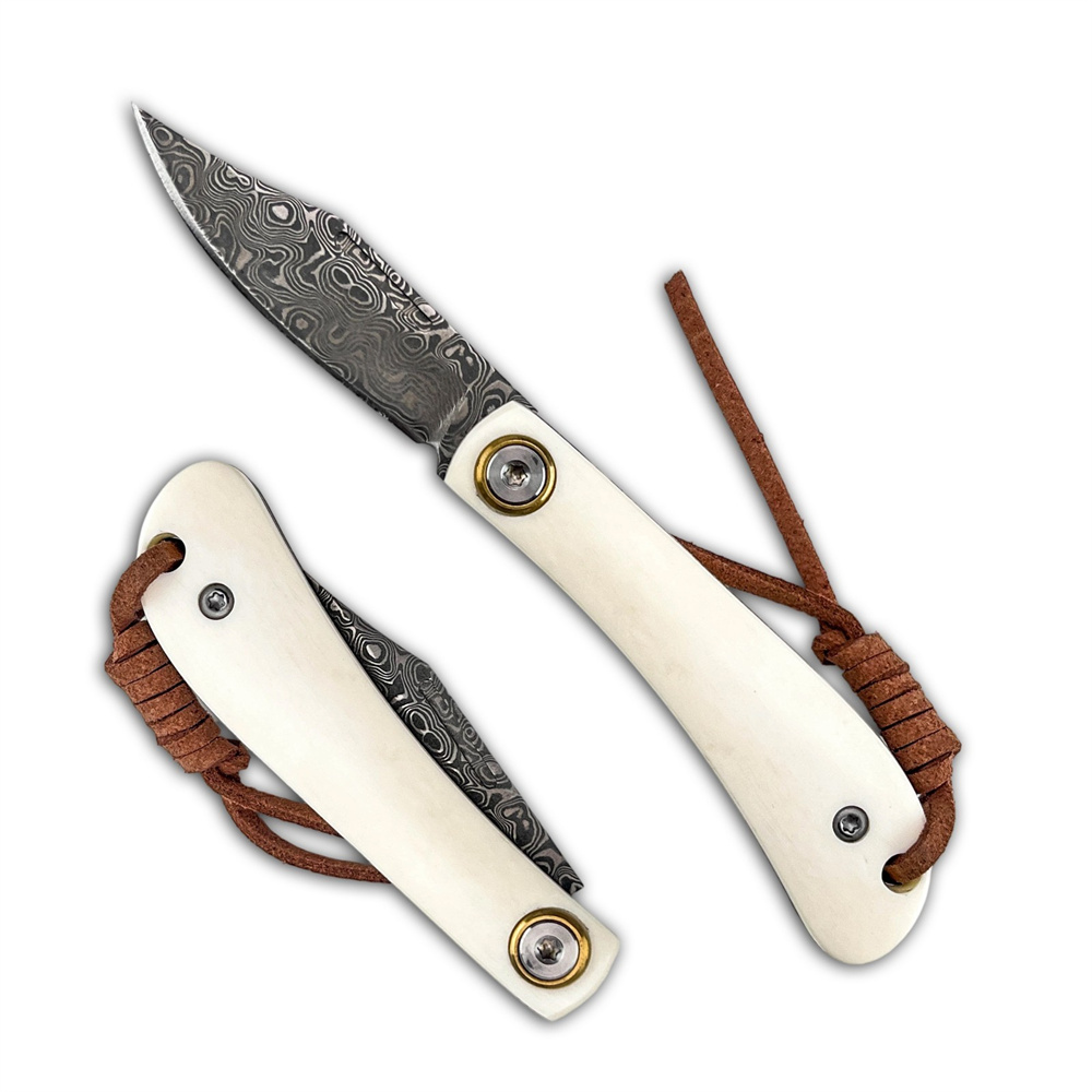 Vintage Collectible Knife - มีดพับวินเทจลายดามัสกัสขนาดกะทัดรัด, ด้ามจับทำจากกระดูกงาช้าง มีดเอาตัวรอดสำหรับกิจกรรมกลางแจ้ง ตั้งแคมป์ ล่าสัตว์ สะสม