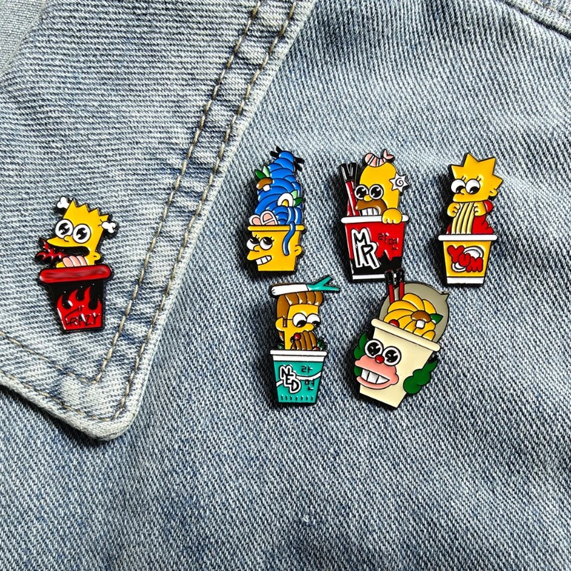 Vintage Item - ชุด 6 ชิ้น เข็มกลัดโลหะลายการ์ตูนเดอะซิมป์สันส์สุดน่ารักและตลก สำหรับตกแต่งเสื้อผ้า กระเป๋านักเรียน