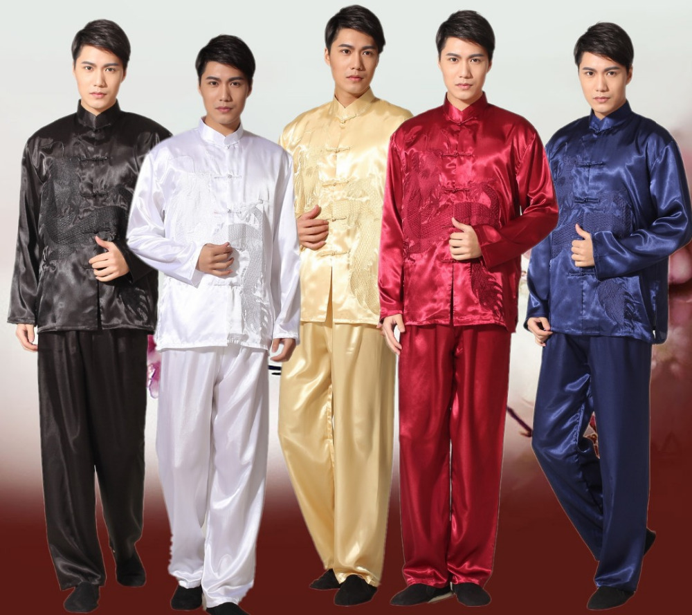 Vintage Collectible Buttons - สไตล์จีนผู้ชายสีดำซาติน Kung Fu ชุดเย็บปักถักร้อย Vintage Dragon