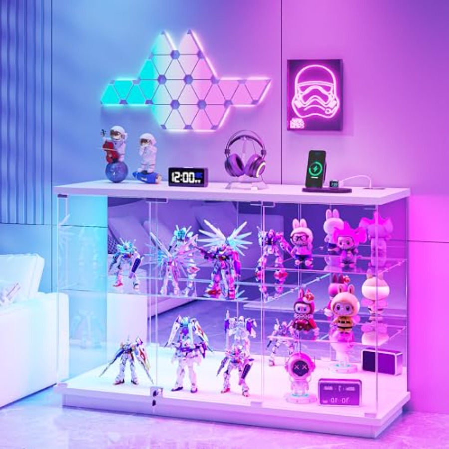Collectible Collection - ตู้โชว์กระจก RGB พร้อมกุญแจล็อคสำหรับของสะสม: กระจกเทมเปอร์สีขาว, ไฟ LED,